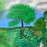 Tableau huile sur toile paysage église pointillisme ancien