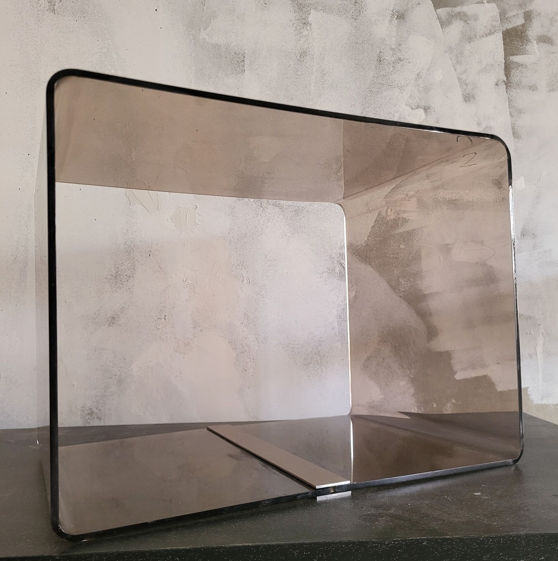 Rectangular piece of furniture or coffee table in smoked plexiglass by Michel Dumas.