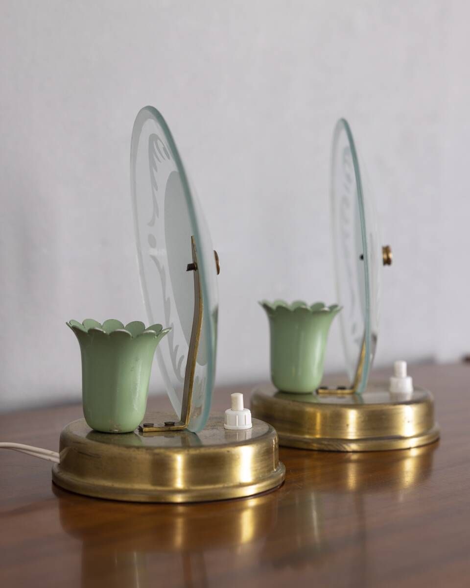 Pair of Vintage 1950s Brass and Glass Table Lamps, Italian Design