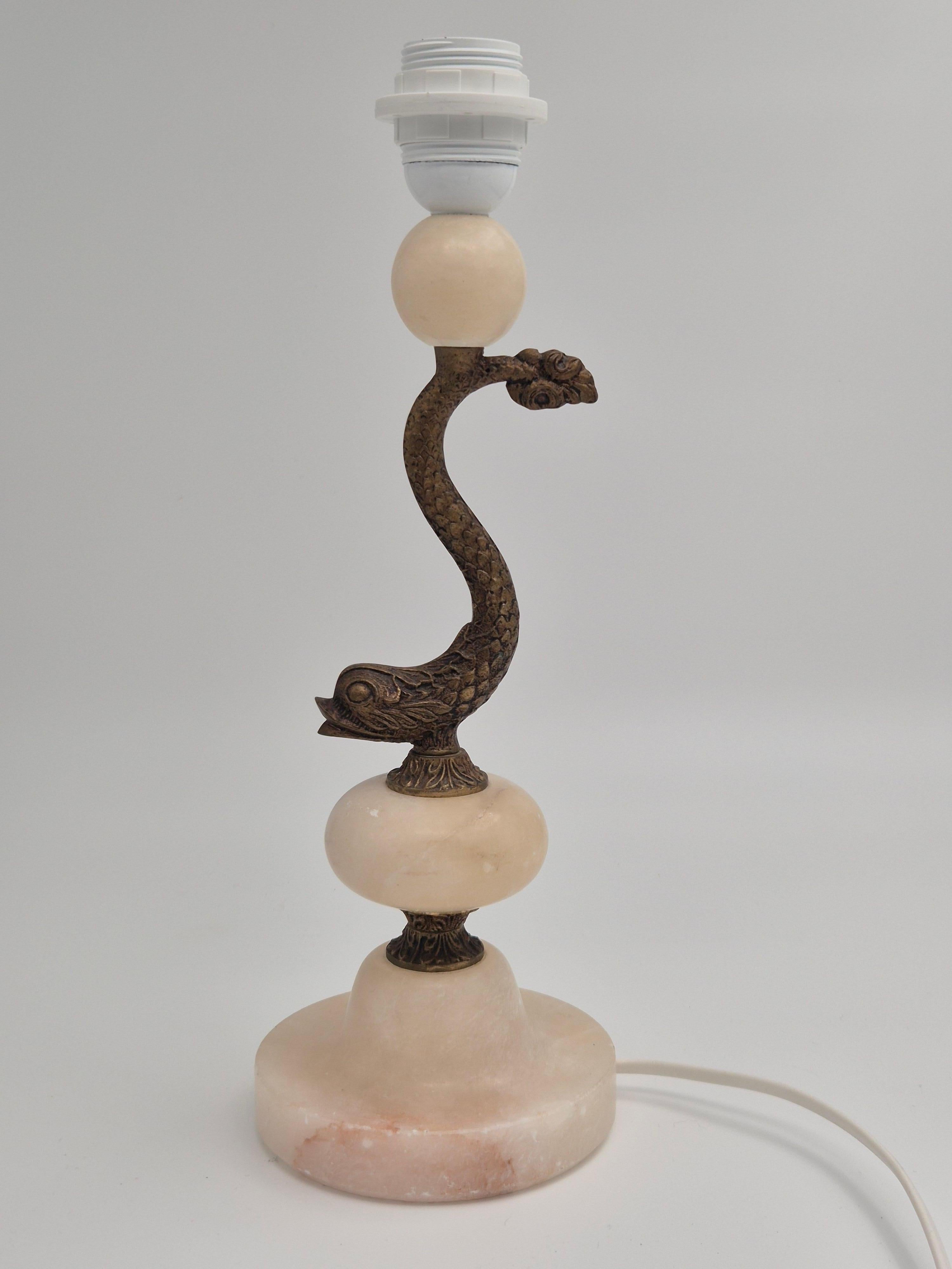 Sculptural table lamp in alabaster with fish/dolphin decoration, Swedish Grace