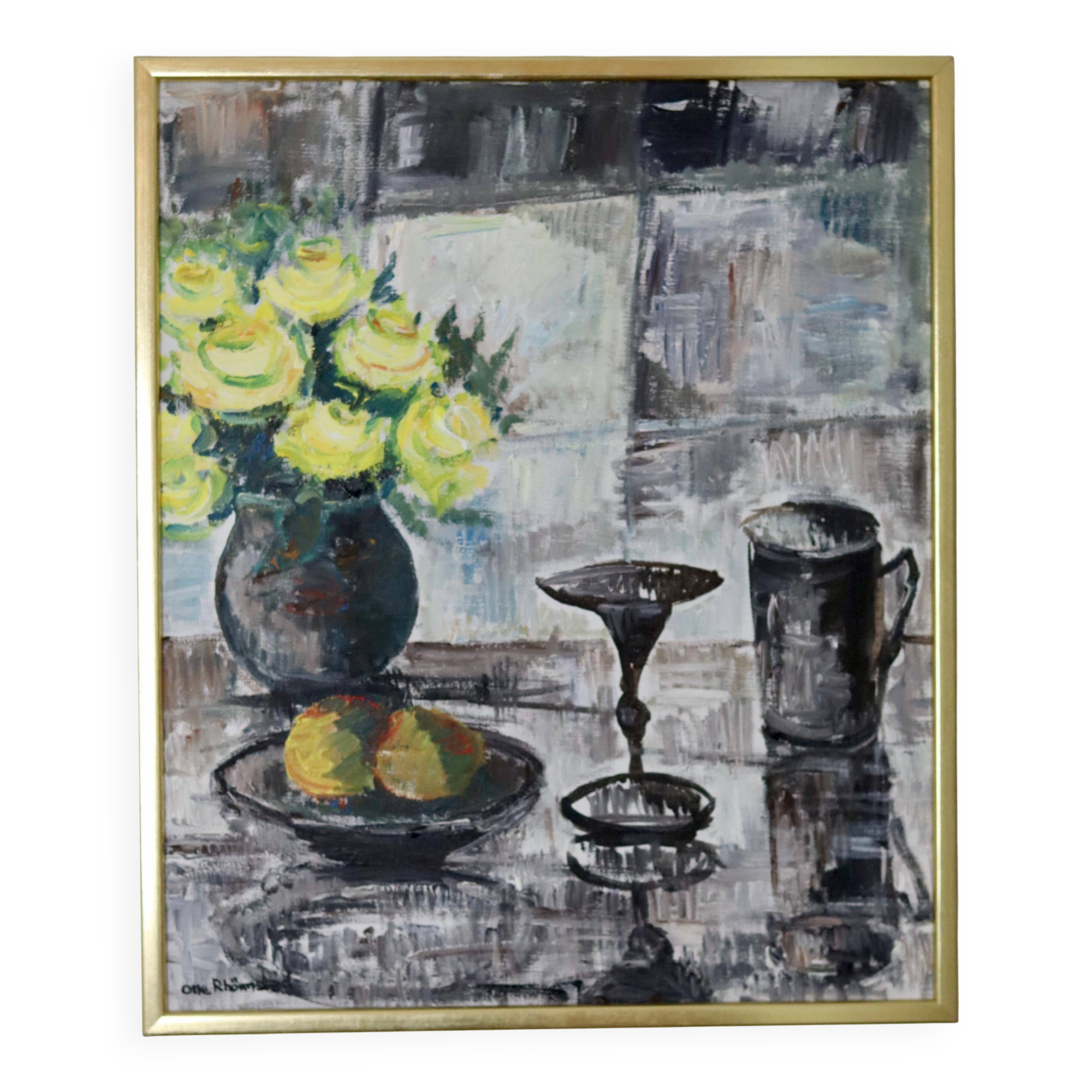 Still life with yellow roses and fruits by Olle Rhönnstrand, oil on Swedish canvas from the mid-century.