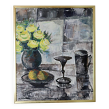 Still life with yellow roses and fruits by Olle Rhönnstrand, oil on Swedish canvas from the mid-century.