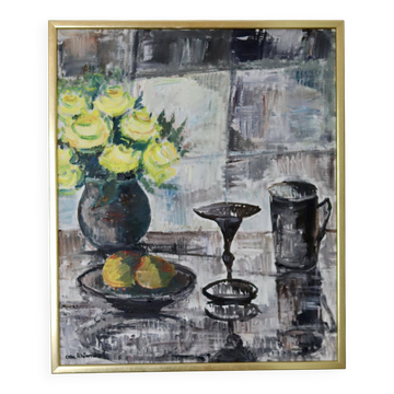 Still life with yellow roses and fruits by Olle Rhönnstrand, oil on Swedish canvas from the mid-century.