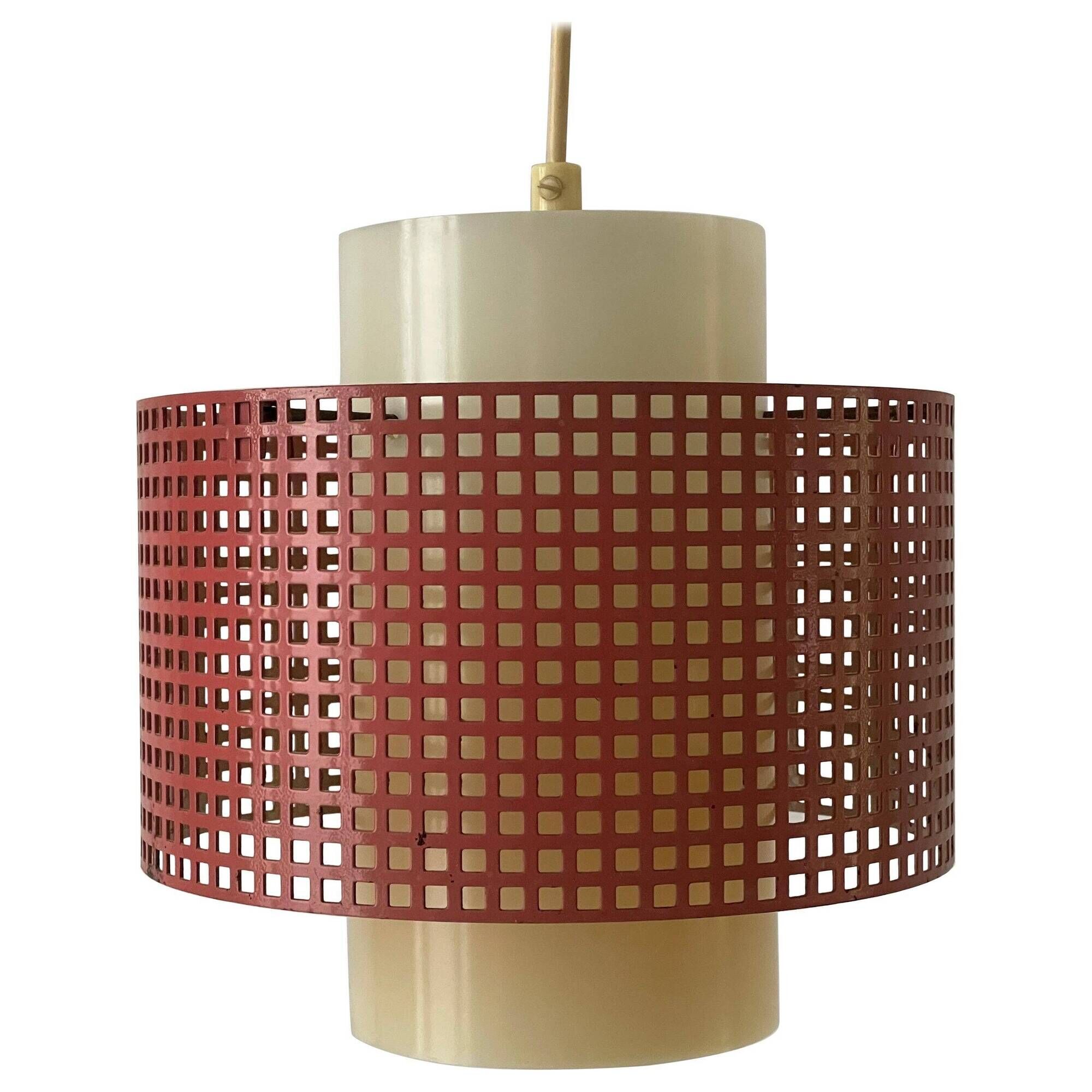Suspended lamp in pink metal and plexiglass, Danish design, 1960s, Denmark.