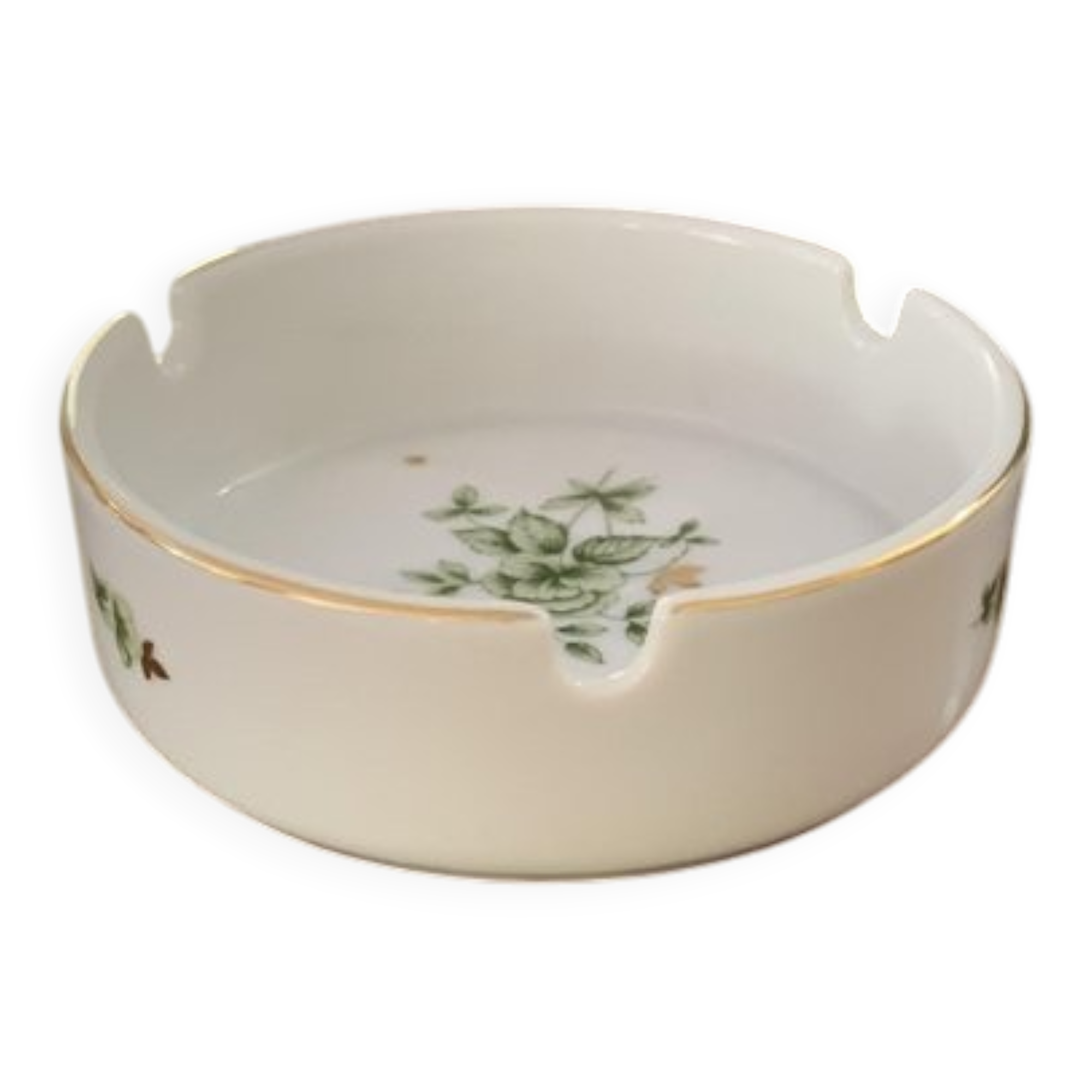 White and green porcelain ashtray with floral pattern from Hollóháza, with gold trim, 1960s.