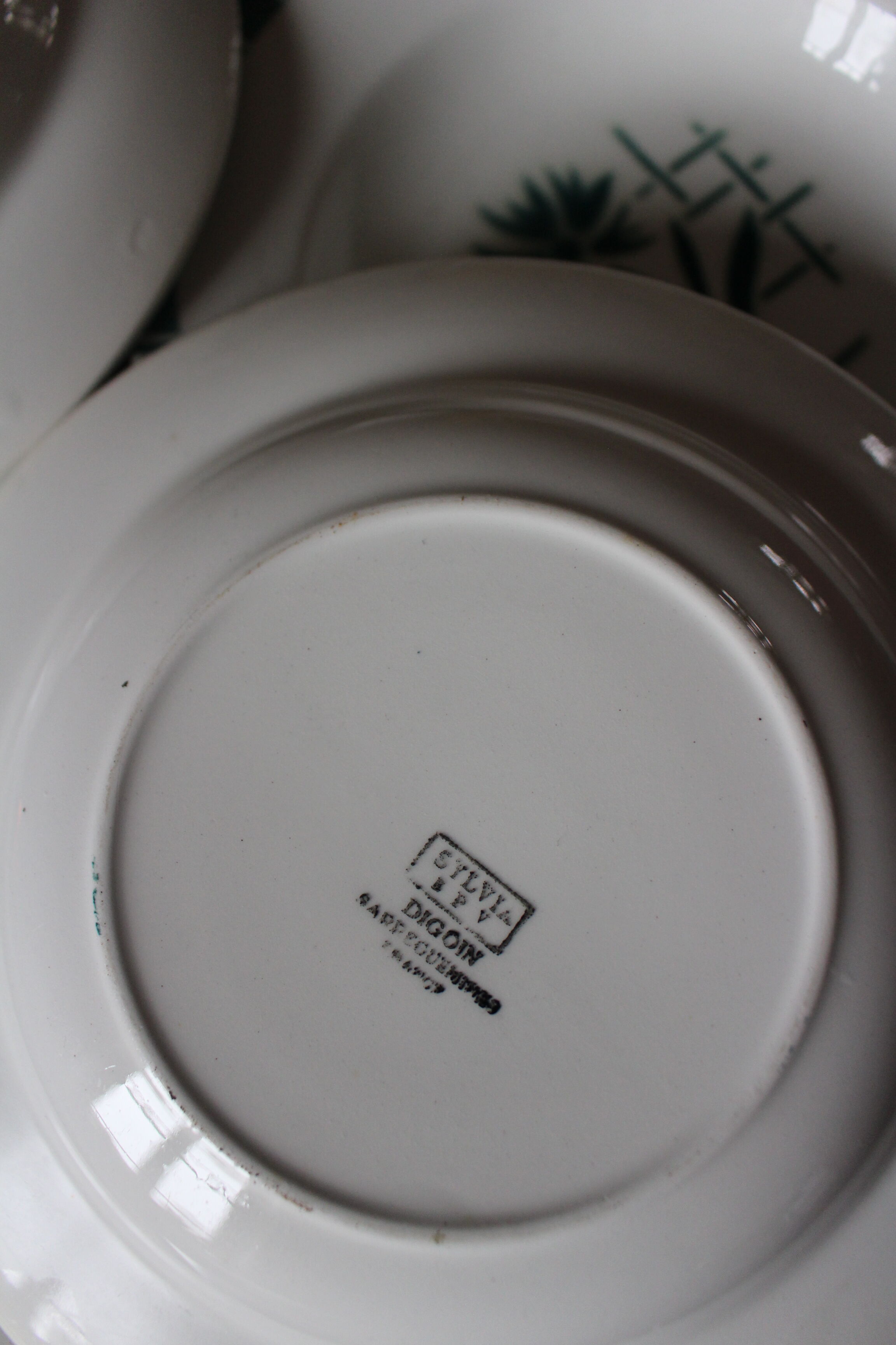 Lot 6 green hollow plates Sylvia Digoin Sarreguemines