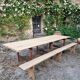 Antique French folding garden table set with benches, pine and chestnut, circa 1900–1920.