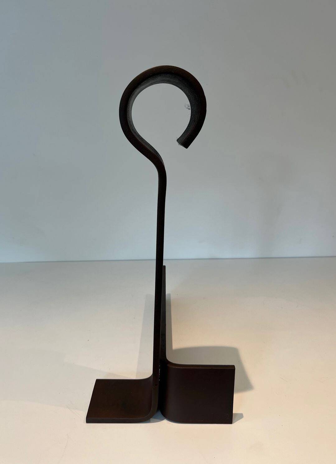 Important Pair of Modernist Wrought Iron Andirons with Ring Finials