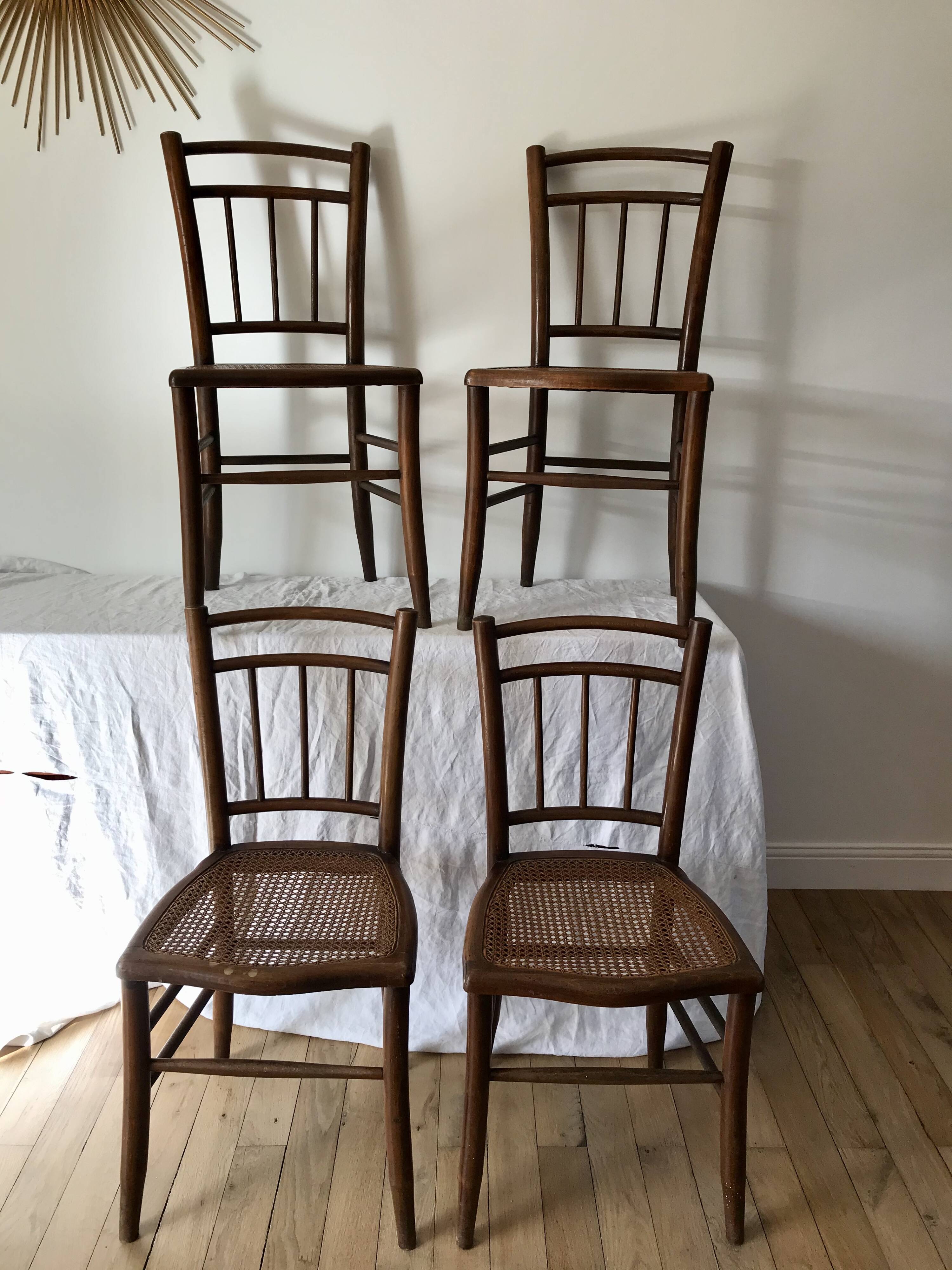 set of 4 bistro chairs in turned wood and canework stamped early 20th century