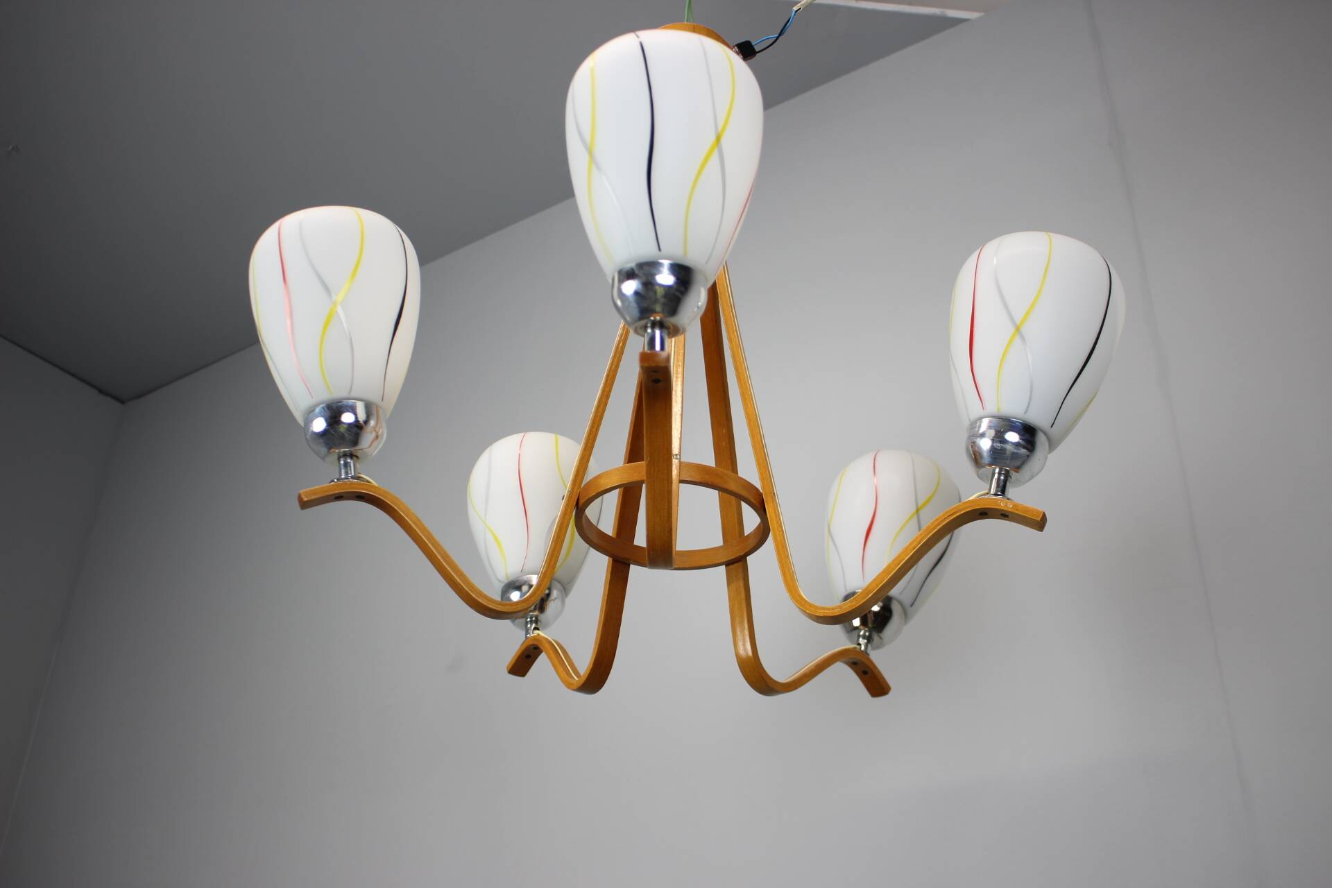 Mid-century wooden chandelier with glass shades, Czechoslovakia, 1970s.
