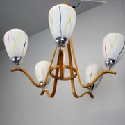 Mid-century wooden chandelier with glass shades, Czechoslovakia, 1970s.