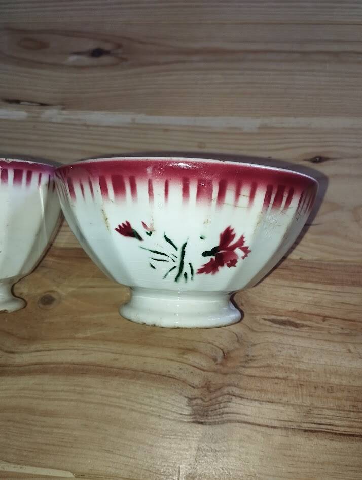 Bowls Faïencerie de Sarreguemines with rose decoration (the two red ones)