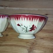 Bowls Faïencerie de Sarreguemines with rose decoration (the two red ones)