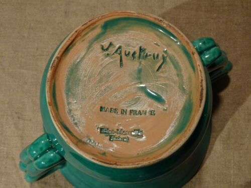 Vase 2 handles vintage green 50's Jean Austruy Saint Marcellin
