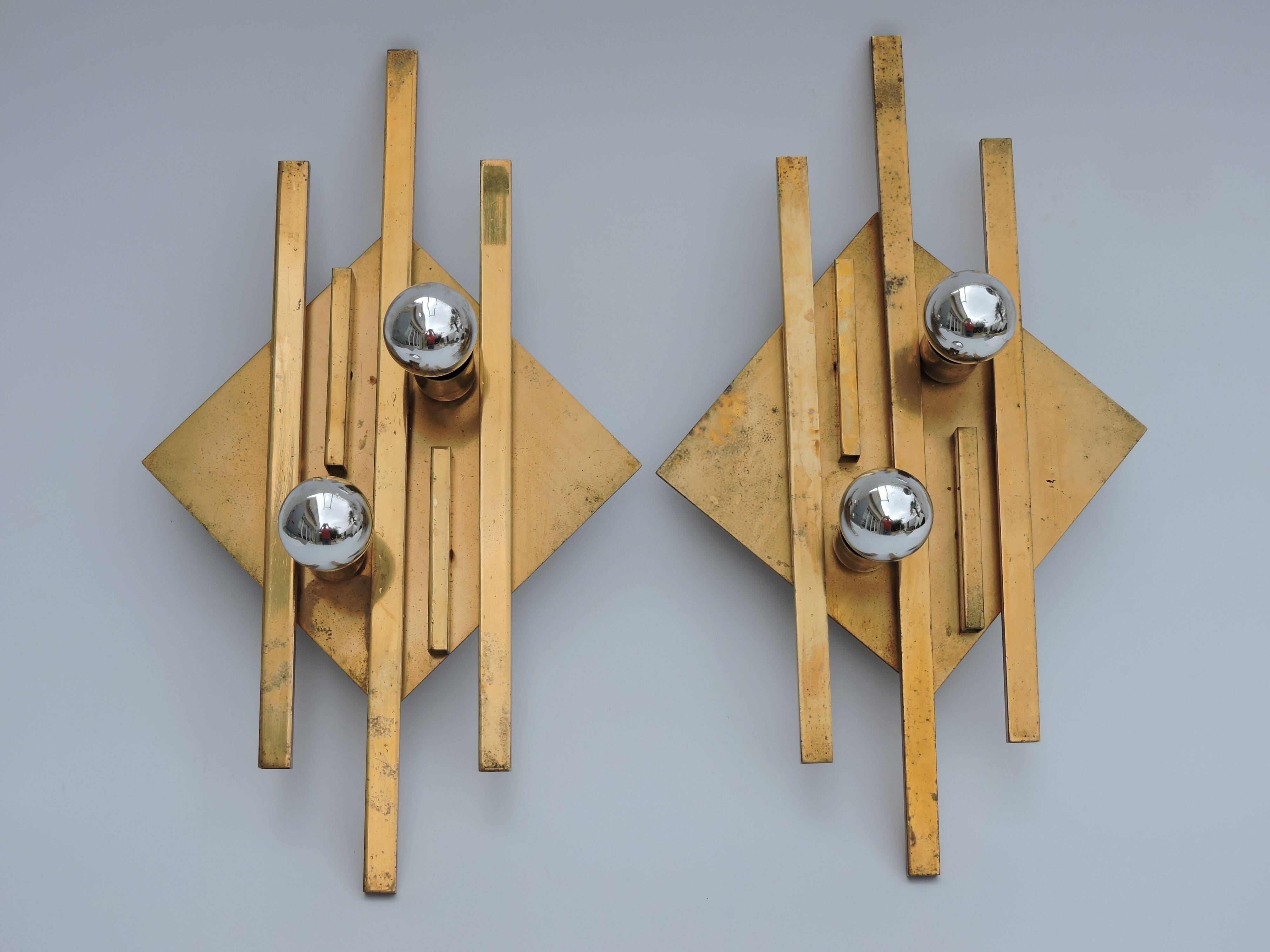Pair of vintage geometric brass wall lamps