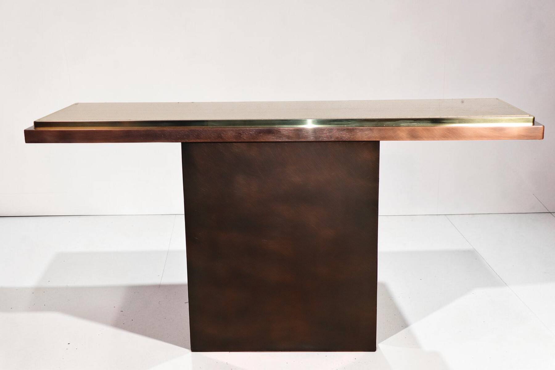 Minimalist console in travertine and patinated metal — 1970s