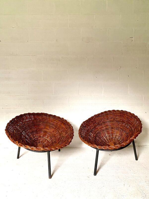 Paire de fauteuils corbeille en osier