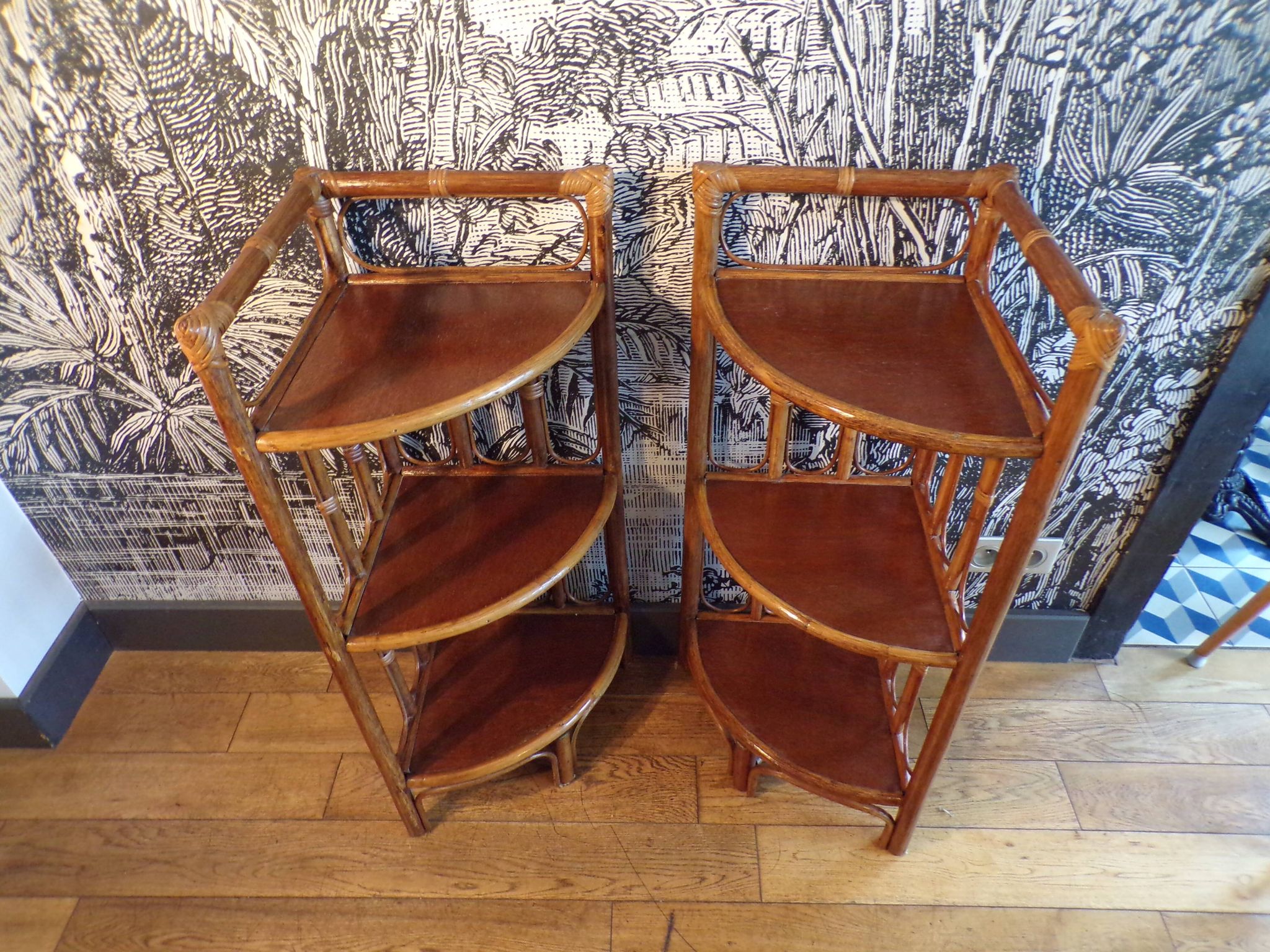 Pair of rattan corner shelves