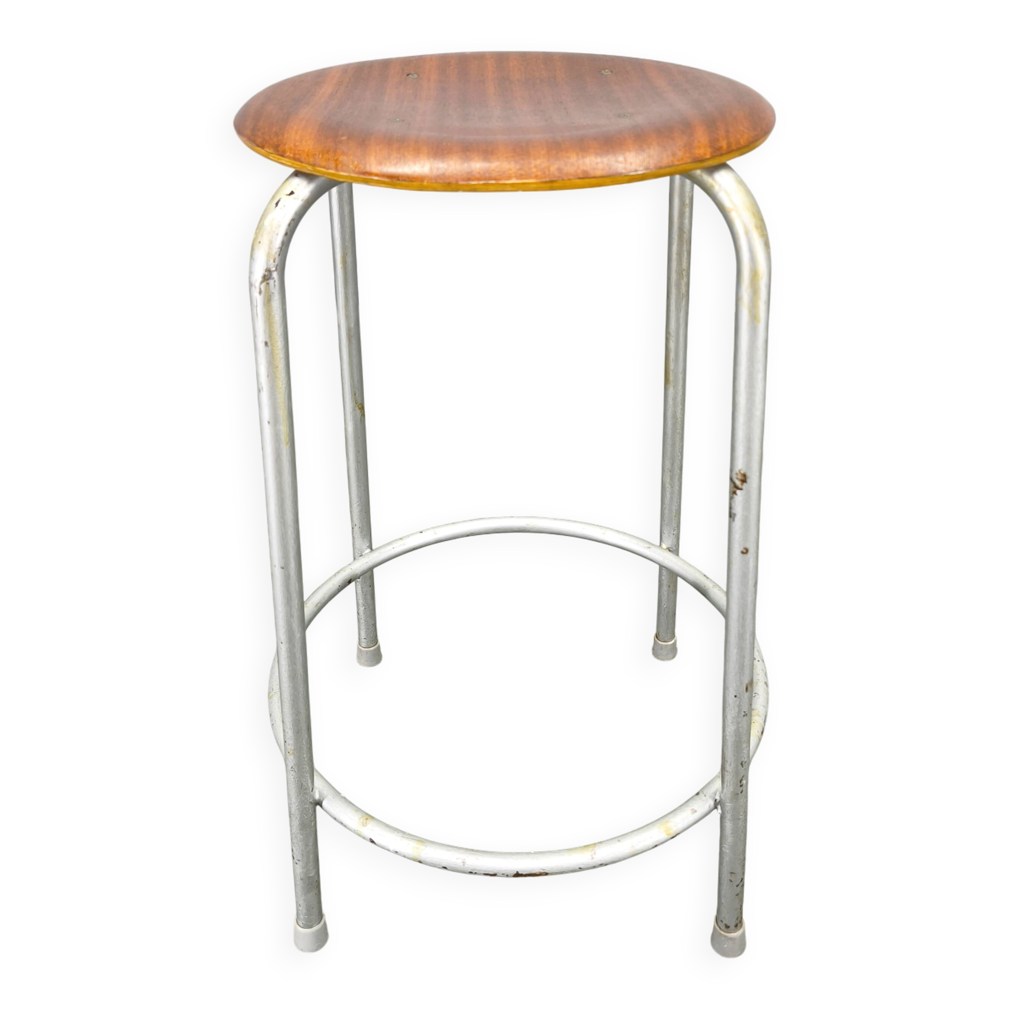 1950s German Industrial Stool with Plywood Seat
