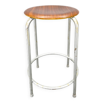 1950s German Industrial Stool with Plywood Seat