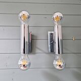 Pair of tubular double-light wall lights in chrome-plated metal, 1970s