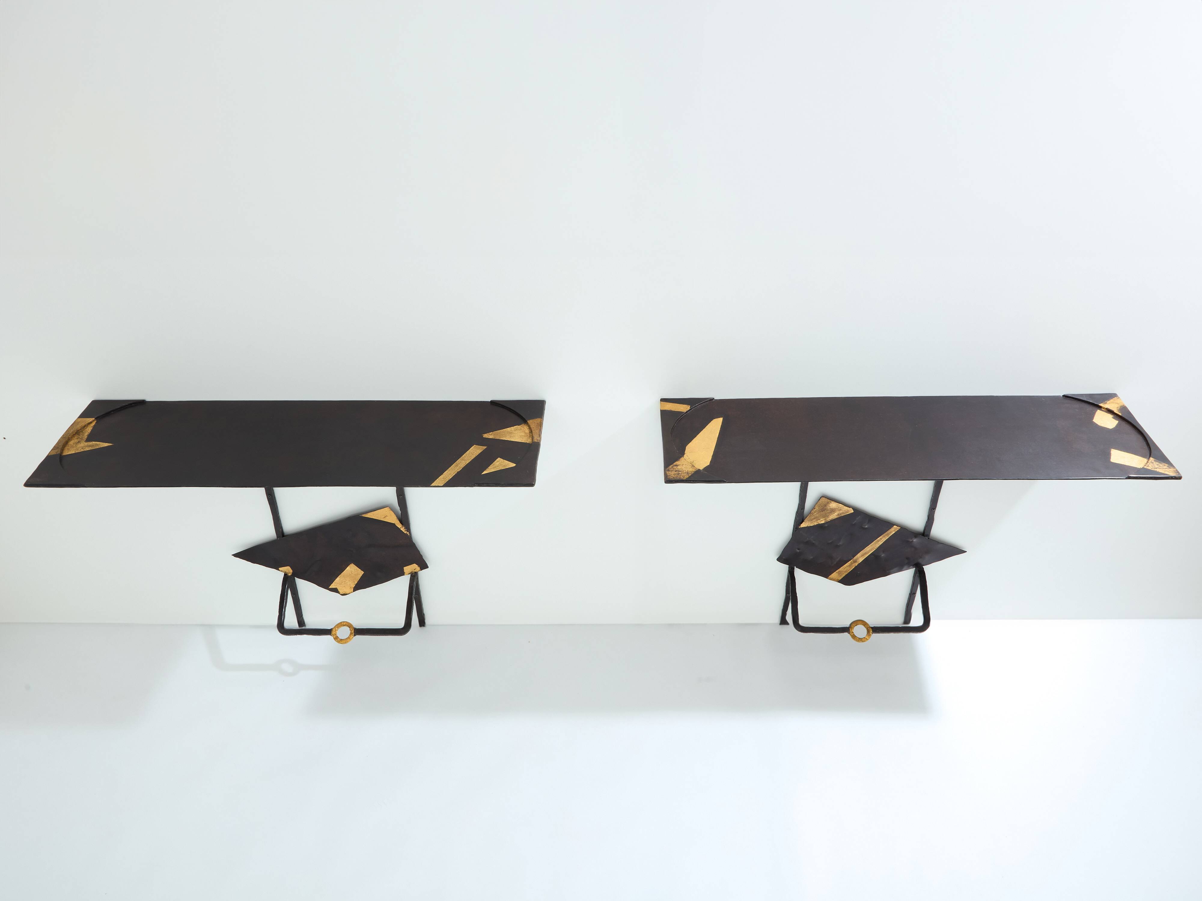 Pair of brutalist wrought iron consoles by Argueyrolles 1990