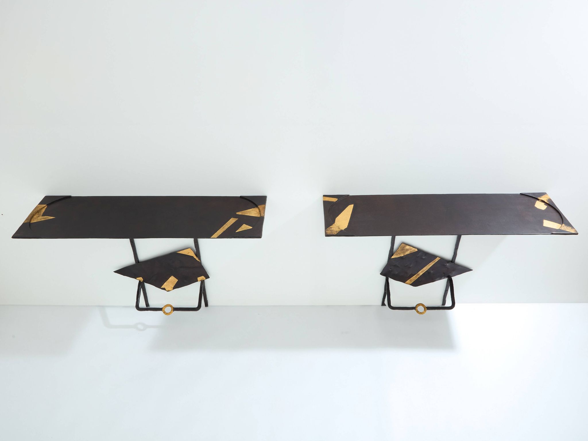 Pair of brutalist wrought iron consoles by Argueyrolles 1990