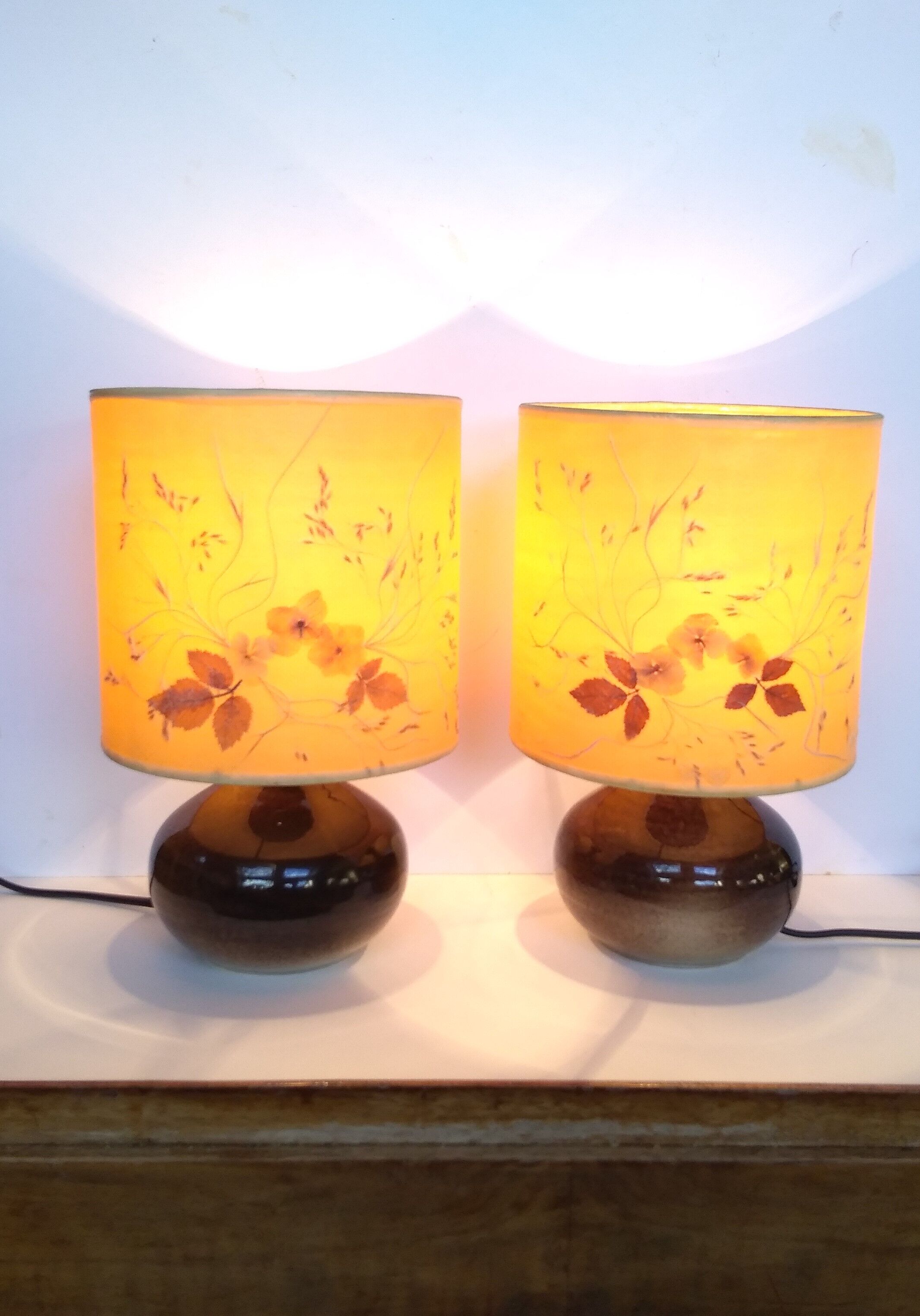 Paire de lampes en grès 70 abat-jour inclusion fleurs séchées