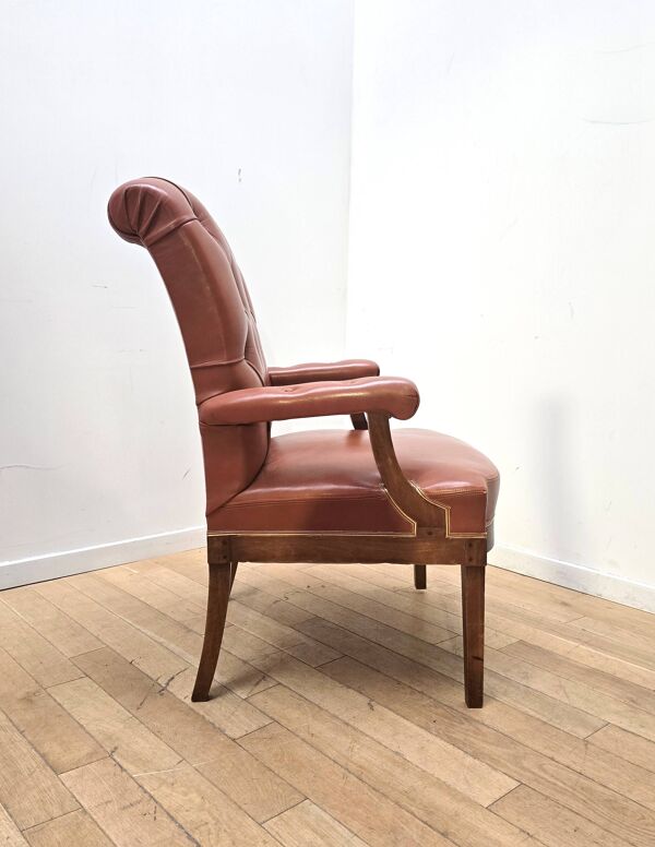 Fauteuil vintage en bois et cuir marron
