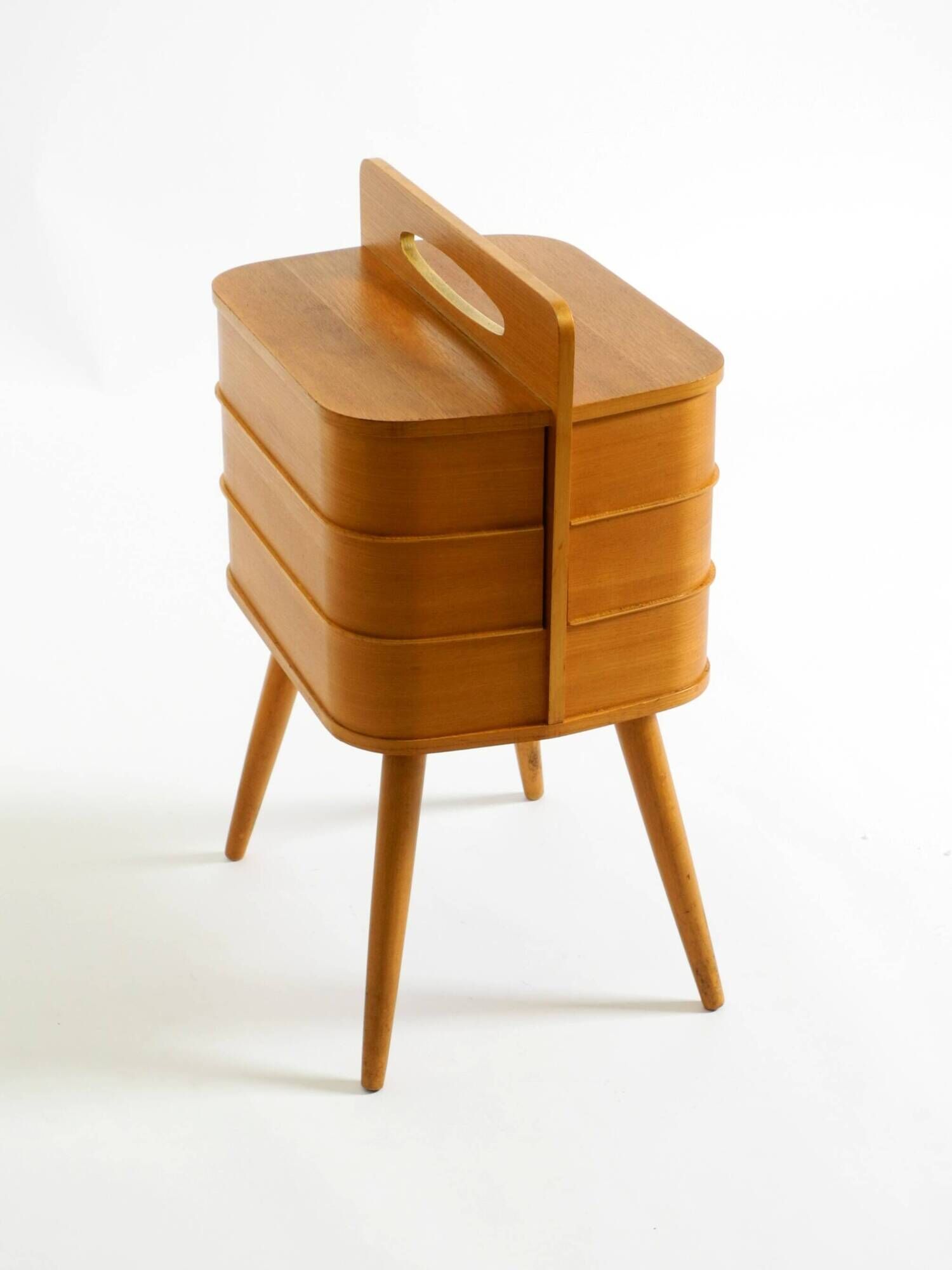 Beautiful original Mid Century teak sewing box with hinged compartments