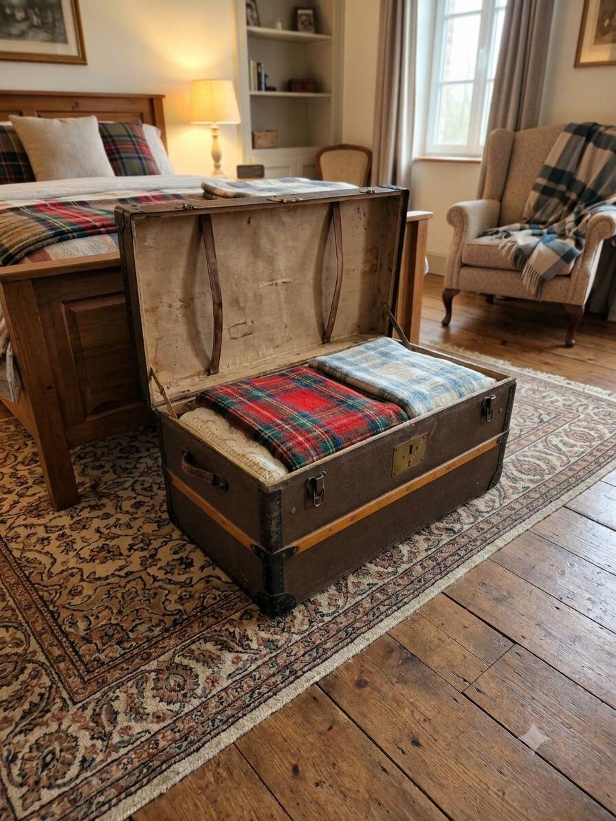 Old travel trunk in oilcloth