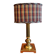 Lamp base in gilded brass, oval silk lampshade with a checkered pattern in burgundy.
