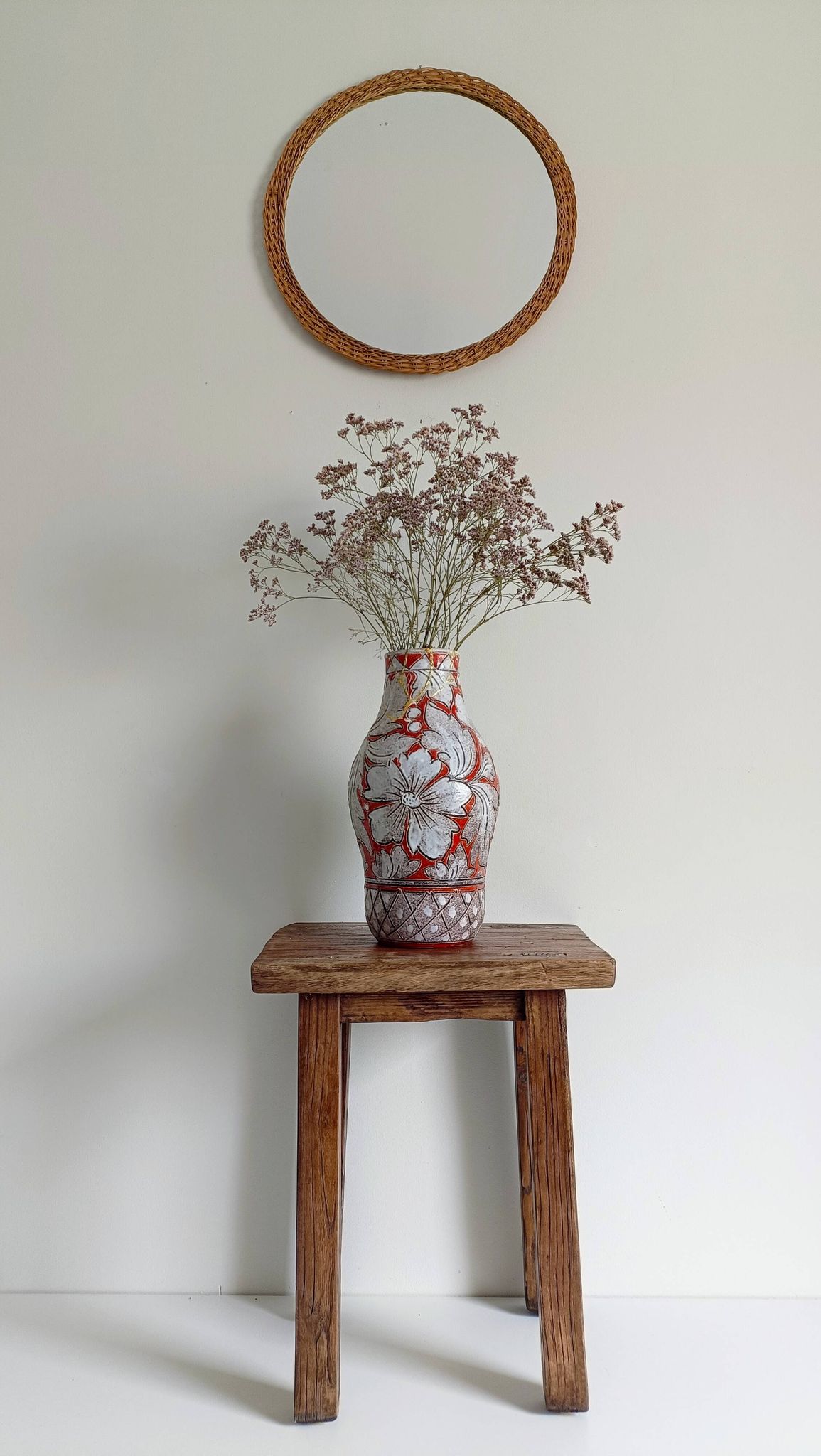 Rustic French Provence Wicker Round Mirror, Mid-Century, Handmade, France