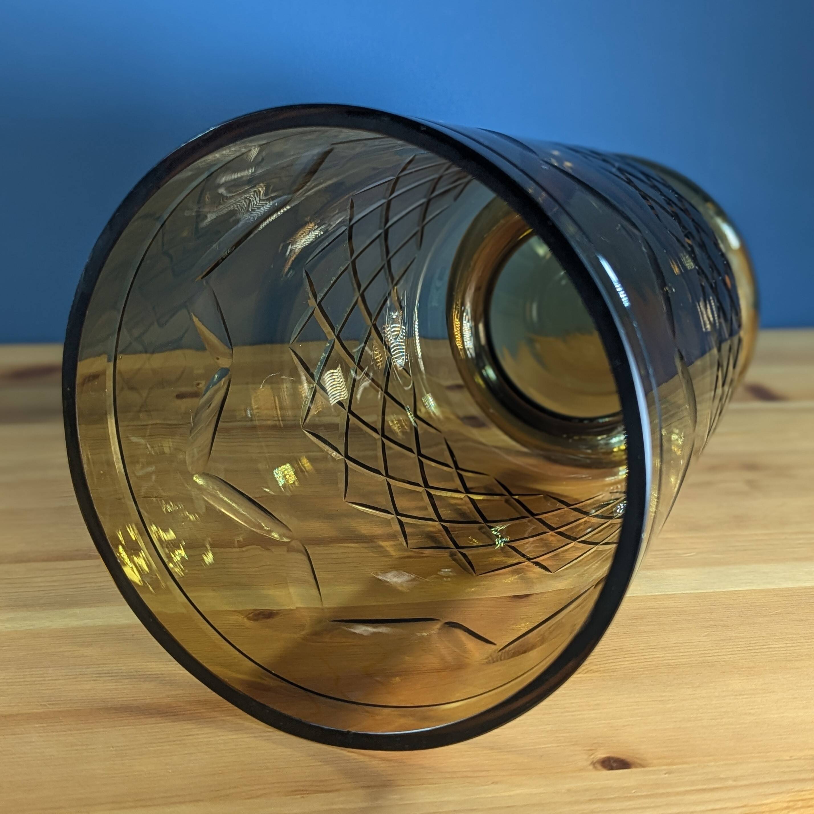 Brown smoked glass candle holder vase, height 23.5cm, geometric decoration