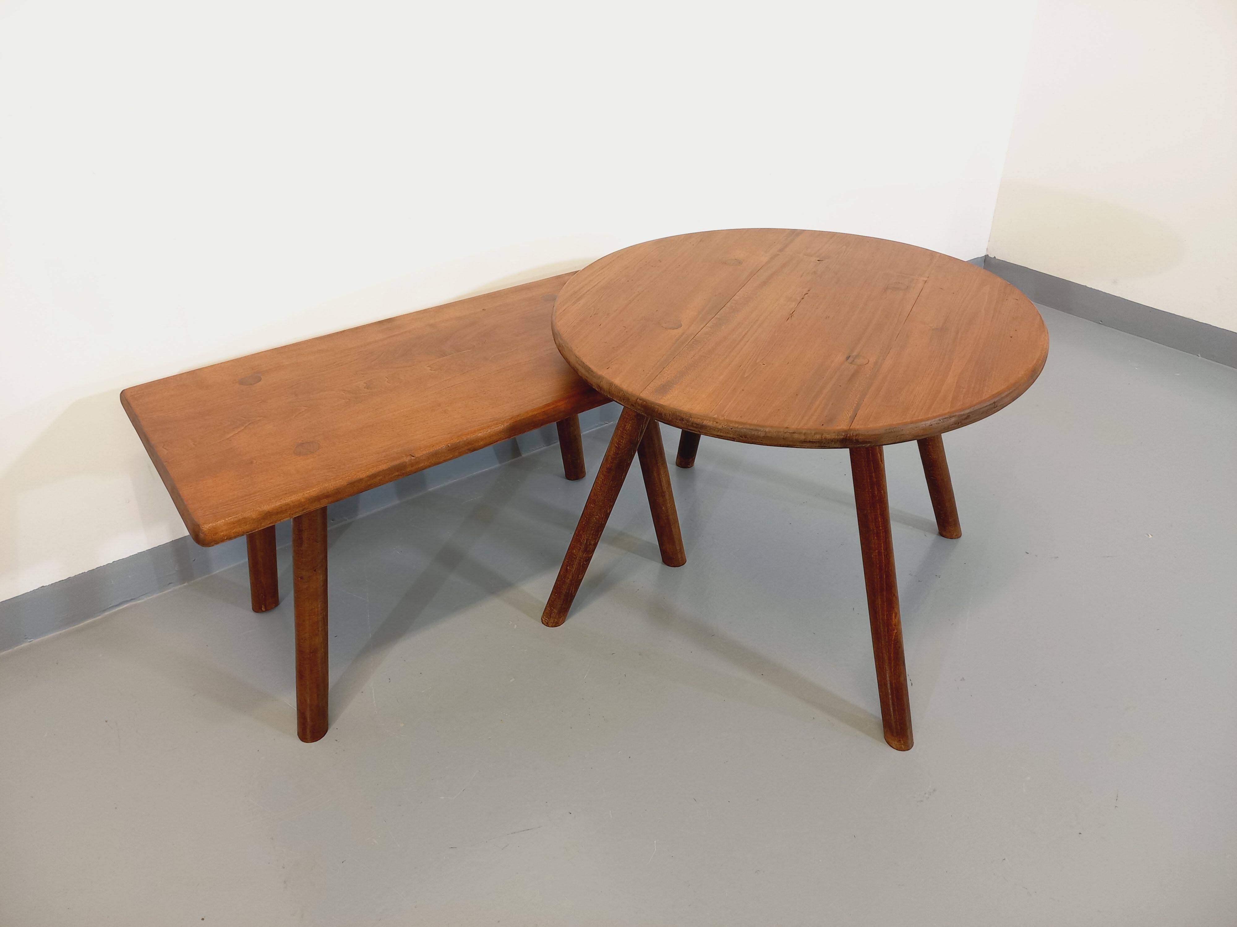 Vintage round brutalist coffee table in solid oak wood from the 50s
