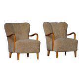 Paire de chaises longues suédoises en bouleau et laine d'agneau, milieu du siècle dernier, 1960