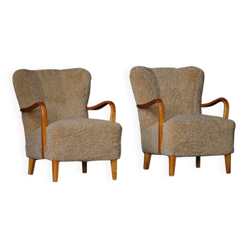 Paire de chaises longues suédoises en bouleau et laine d'agneau, milieu du siècle dernier, 1960