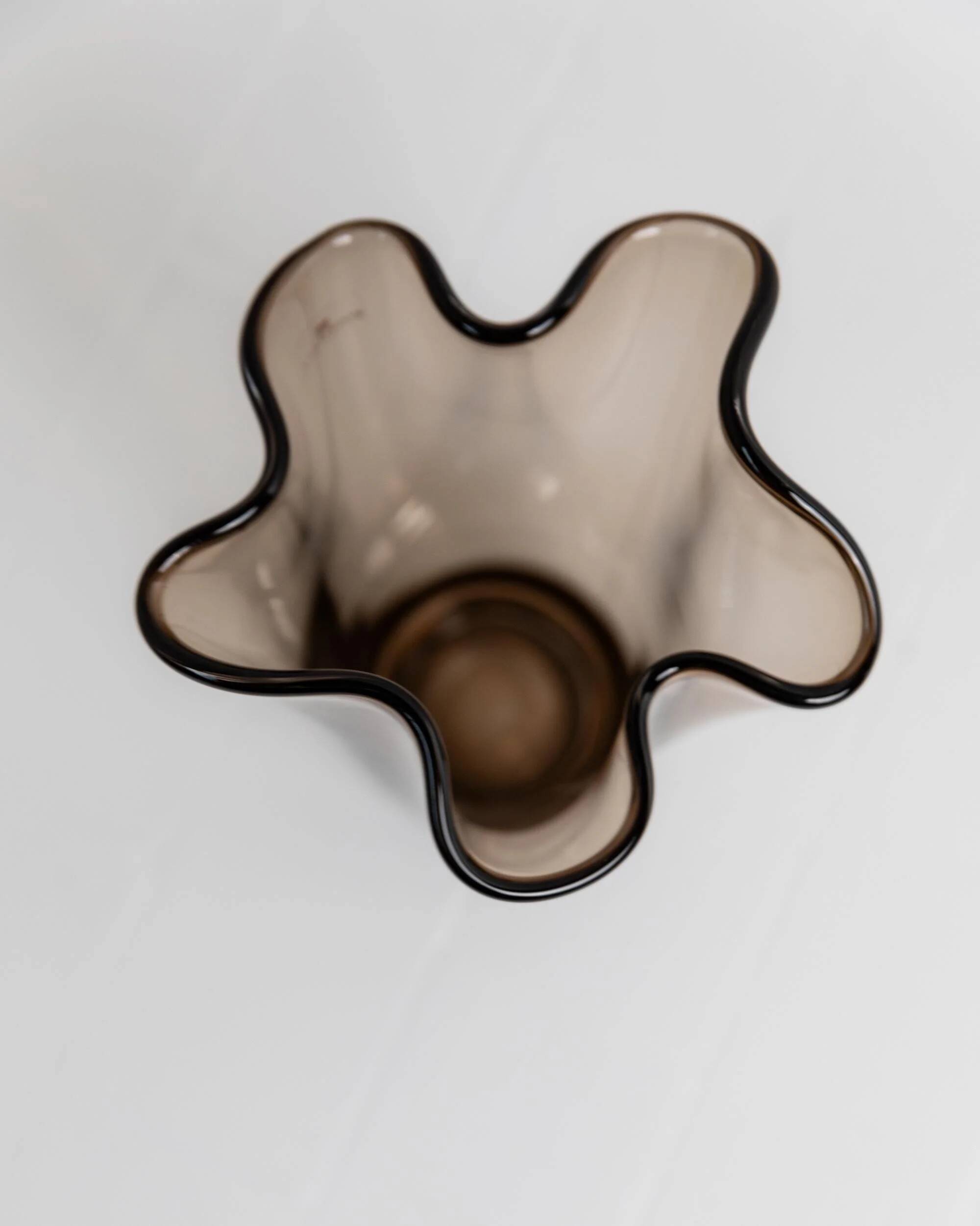 Vintage Murano glass vase from the 1980s, smoky brown, organically wavy shape.