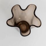 Vintage Murano glass vase from the 1980s, smoky brown, organically wavy shape.