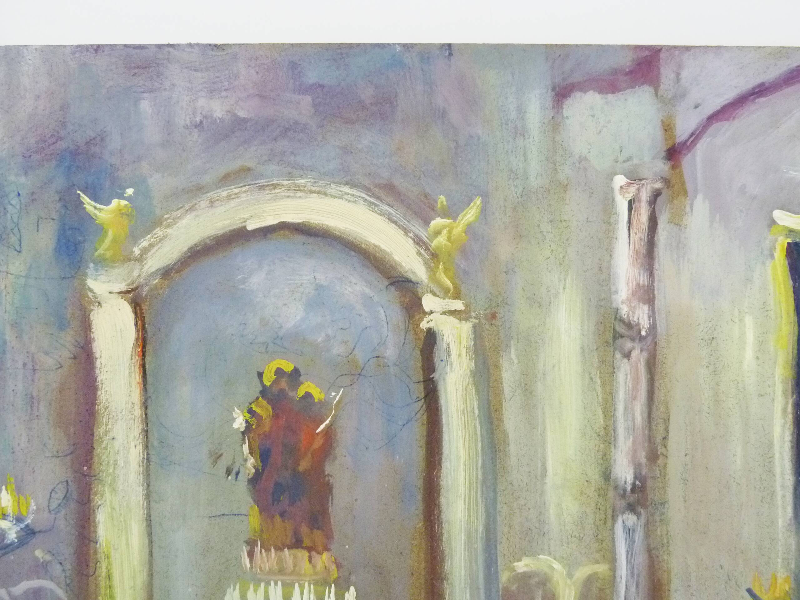 Oil on wood by Riccardo Capone Interior Church 50s 60s