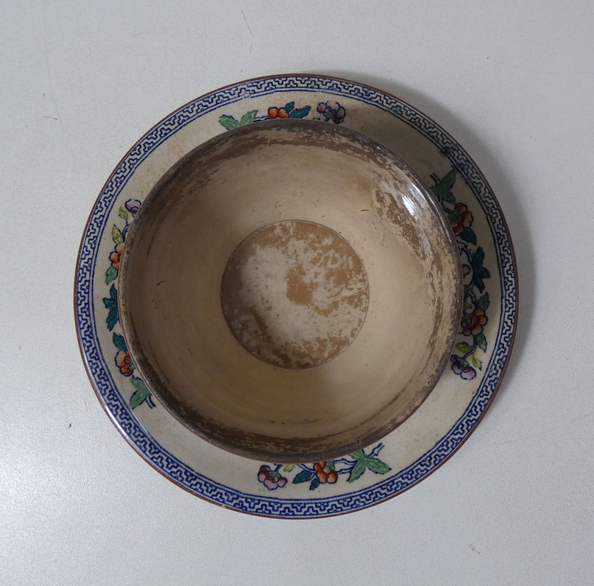 Sarreguemines old bowl with polychrome faience tray model NIPPON
