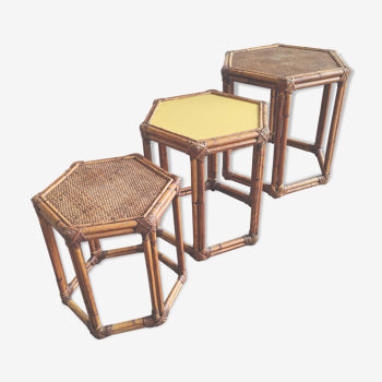 3 vintage rattan coffee tables hexagonal shape
