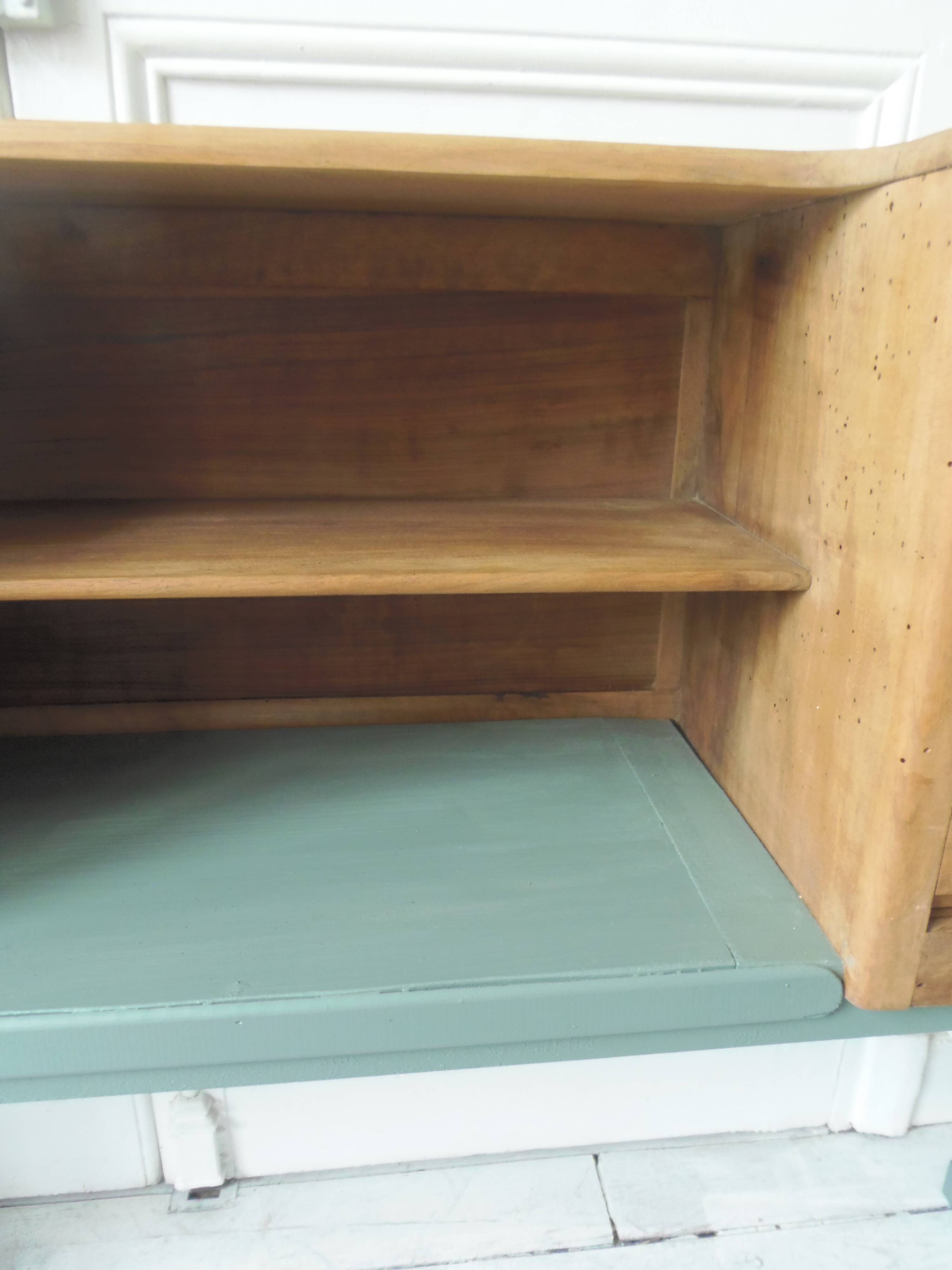 Console made with some old walnut elements. Unique smoky green piece.