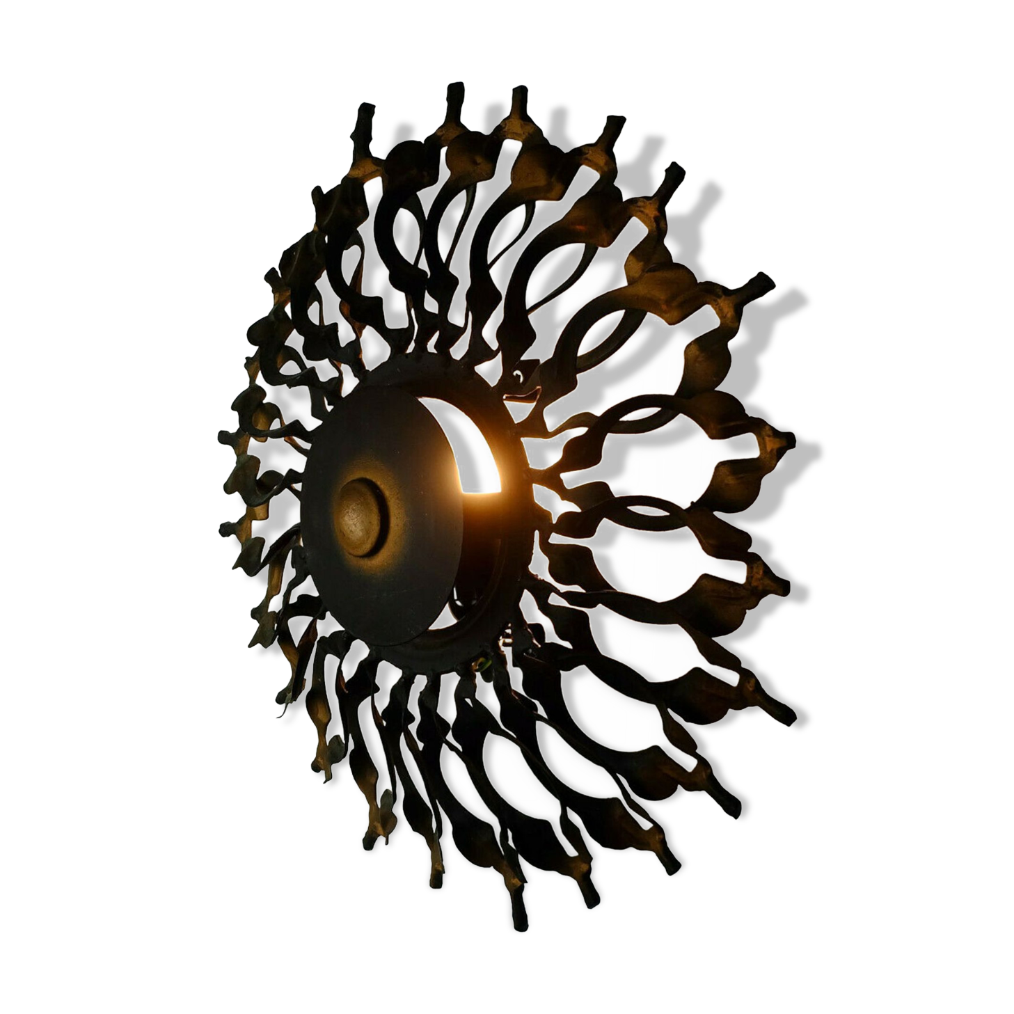 1960s SCONCE mid century sunburst brutalist black iron and copper colored