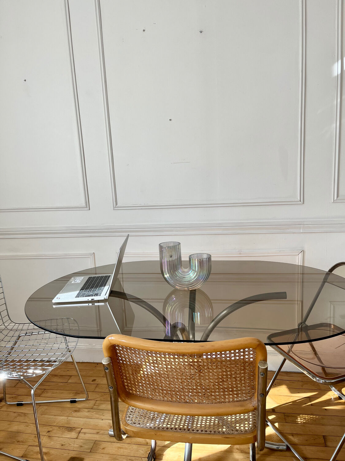 Vintage smoked glass oval dining table