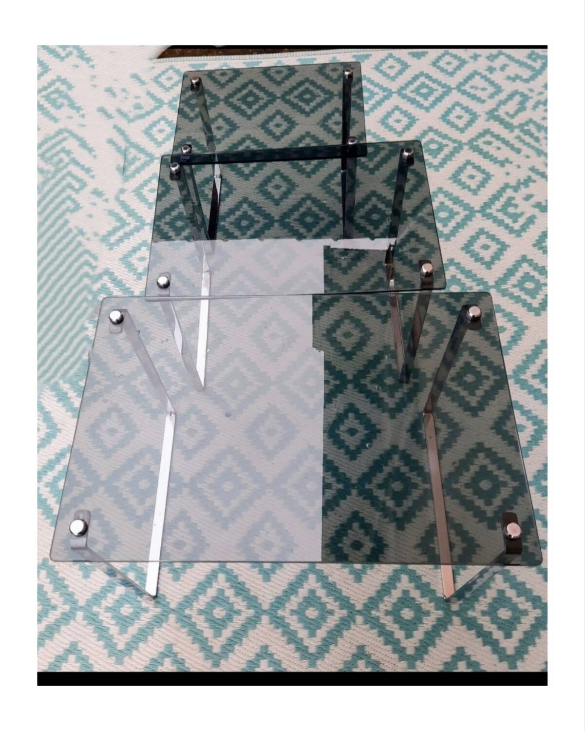 3 nesting coffee tables, smoked glass, chrome base