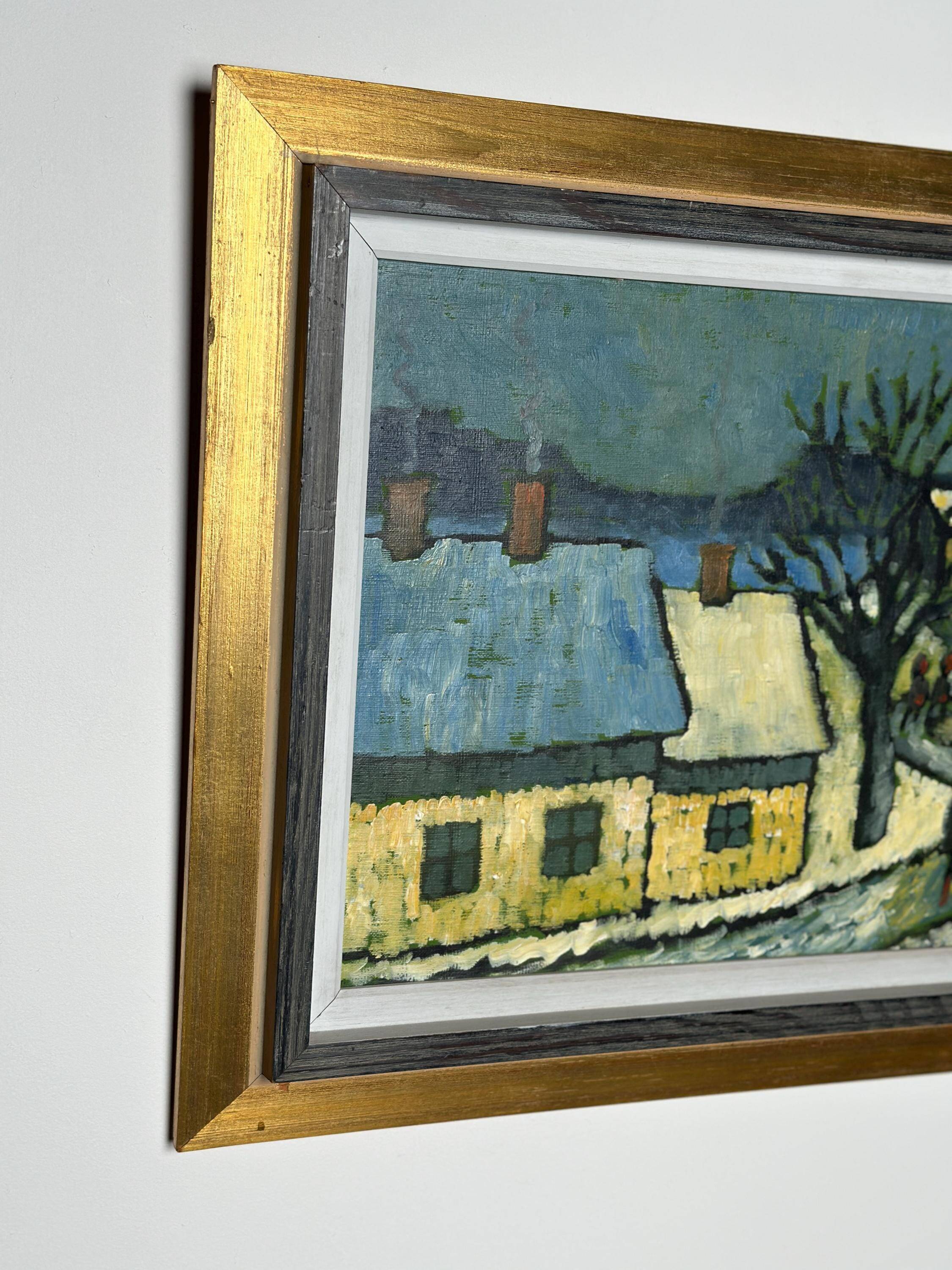 Mid Century Danish Oil on Panel – Winter Landscape – Erik Hilströml