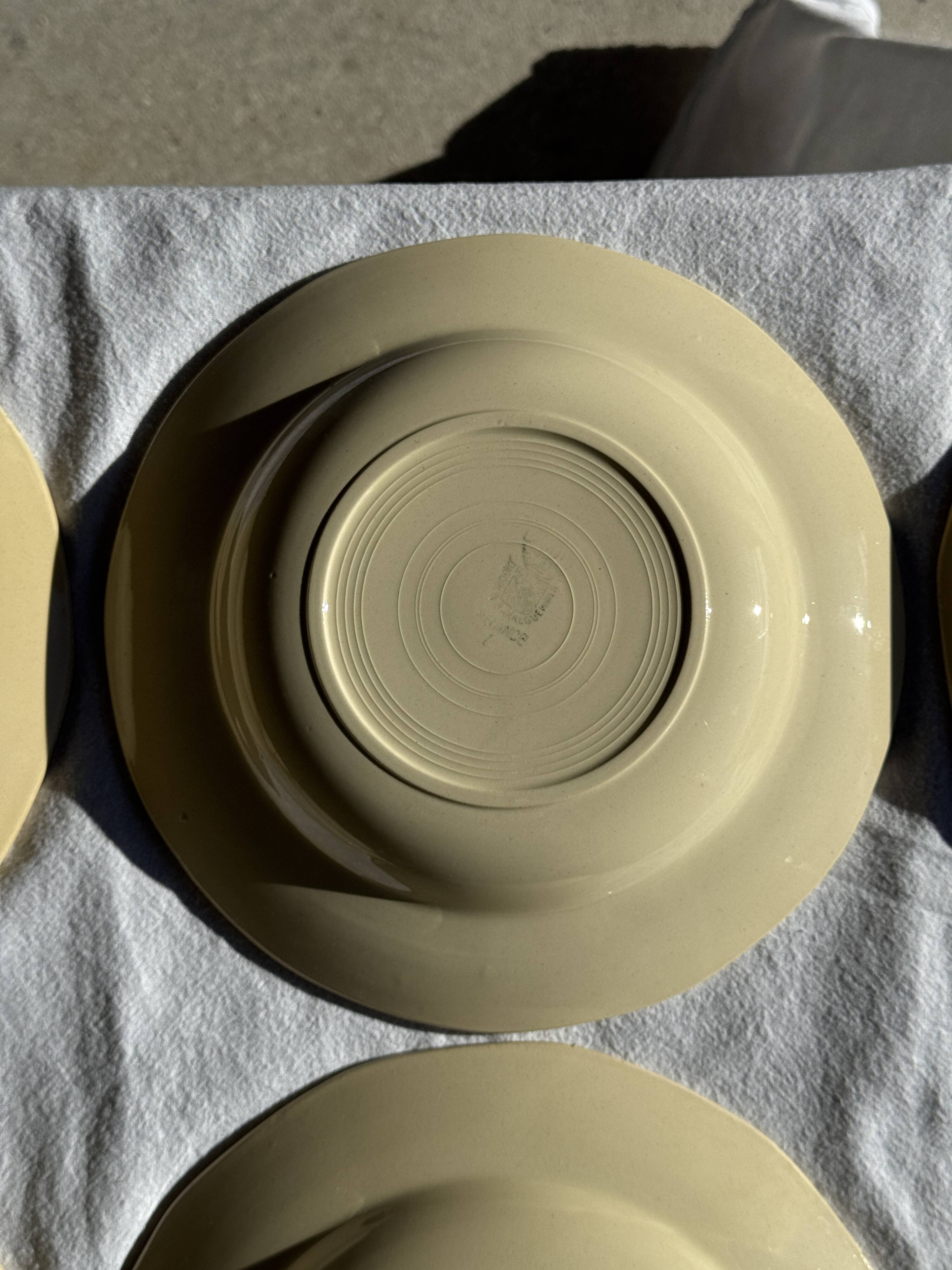 Set of 12 beige, pink, and blue deep plates from Digoin Sarreguemines, vintage.