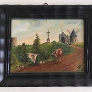 Tableau ancien paysage de campagne