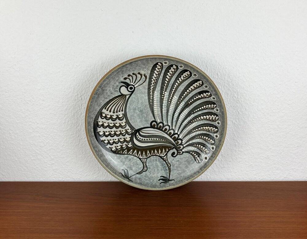 Vintage wall plate in West German pottery with rooster design, 1970s.